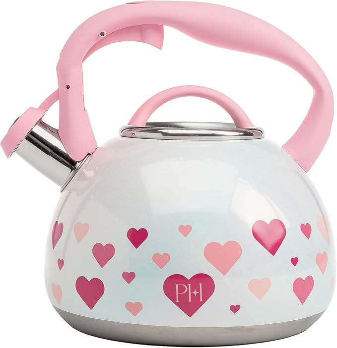 Paris Hilton Whistling Stovetop Tea Kettle, Stainless Steel with Iridescent Heart Design, Soft Touch Handle, 2.5-Quart, Iridescent