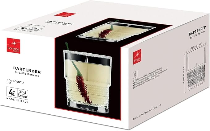 Bormioli Rocco Novecento Barware DOF Glass, Stackable, Set Of 4, 12.5 oz, Clear, Vintage Design, Made In Italy.