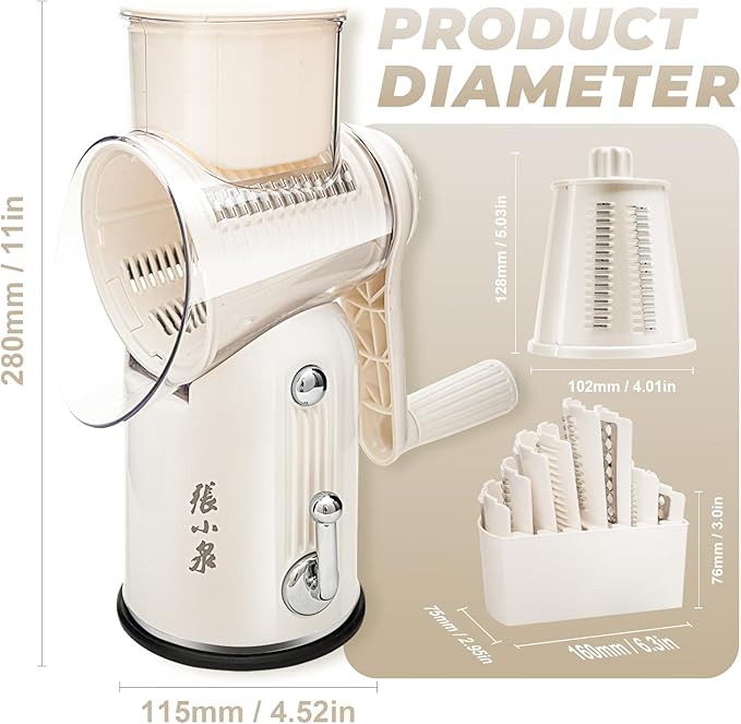 Rotary Cheese Grater Hand Crank with 5-in-1 Interchangeable Blades & Strong Suction Base Vegetables Shredder Manual Slicer for Kitchen, Cream