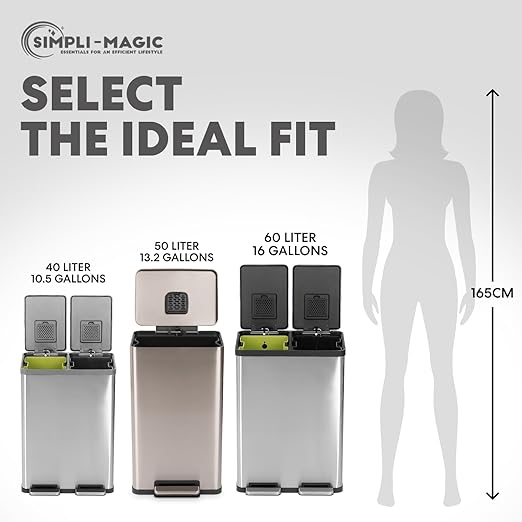 SIMPLI-Magic 13.2 Gallon (50L) Step Trash Can – Kitchen Garbage Can with Slow-Close Lid – Odor Control, Hands-Free, Easy to Clean, Brushed Stainless Steel (Rose Gold)