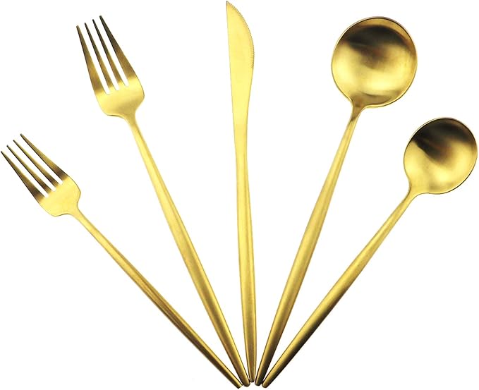 Gugrida Gold Flatware, Royal 5 Piece Luxury Matte Finish 18/10 Stainless Steel Tableware Sets for 1 Including Forks Spoons Knives, Camping Silverware Travel Utensils Set Cutlery (Gold)