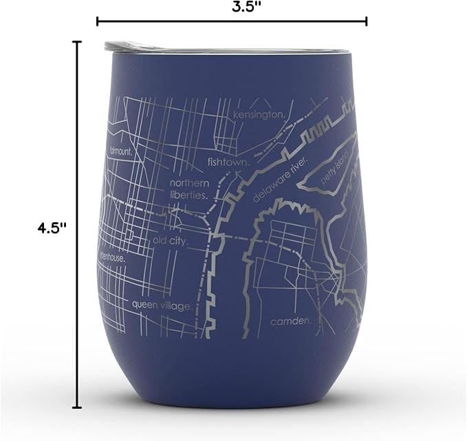 Well Told Engraved Philadelphia Pennsylvania Map Insulated Wine Tumbler, Etched Stainless Steel Cup (12 oz, Midnight Blue) City Map Insulated Tumbler, Custom Insulated Tumbler, Outdoor Drinkware
