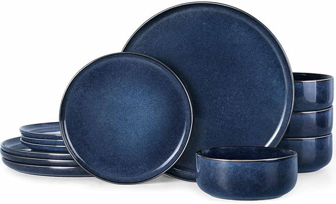 Herogo 12 Pieces Dinnerware Sets Stoneware Service for 4, Dinner Plates and Bowls Sets, Double Reactive Glaze Dishes Set for Kitchen, Scratch Resistant, Microwave & Dishwasher Safe, Starry Blue
