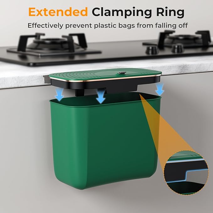 1.9 Gallon Hanging Trash Can - Small Under Sink Trash Can with Lid, Wall Mounted Compost Bin for Kitchen Cupboard Countertop, Odor-Control, Extended Clamping Ring, PET Material, Green