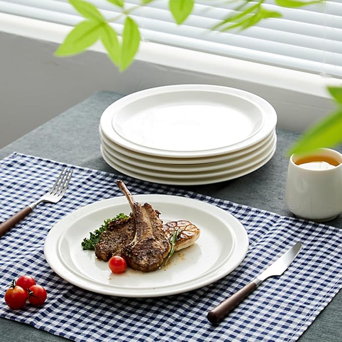 10.5-inch Porcelain Dinner Plate Set of 6 - Microwave, Oven and Dishwasher Safe, Scratch Resistant. (White)