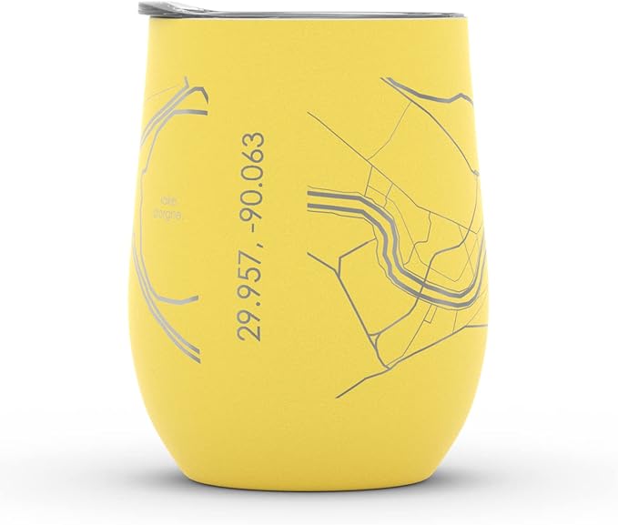 Well Told Engraved New Orleans LA Map Insulated Wine Tumbler, Etched Stainless Steel Cup (12 oz, Sunrise Yellow) City Map Insulated Tumbler, Custom Insulated Tumbler, Outdoor Drinkware