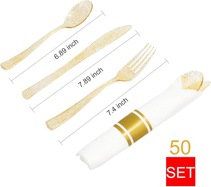 DaYammi 350 Pieces Gold Glitter Dinnerware Set 50 Guest for Party Christmas Plates Disposable - 50 Dinner Plates, 50 Dessert Platos -50 Per Rolled Napkins with Gold Cutlery -50 Disposable Cups 9 OZ
