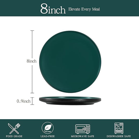Stoneware Salad Plates Set of 4, 8 Inch Plates for Dessert, Ceramic Plates Sets, Microwave Safe, Dishwasher Safe, Versatile for All Seasons, Matte Green