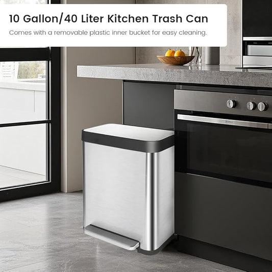 10 Gallon Ktichen Trash Can with Lid, Stainless Steel Trash Can with Removable Inner Bucket, Soft Close Lid, Step-On Pedal Bin for Kitchen, Office, Bathroom