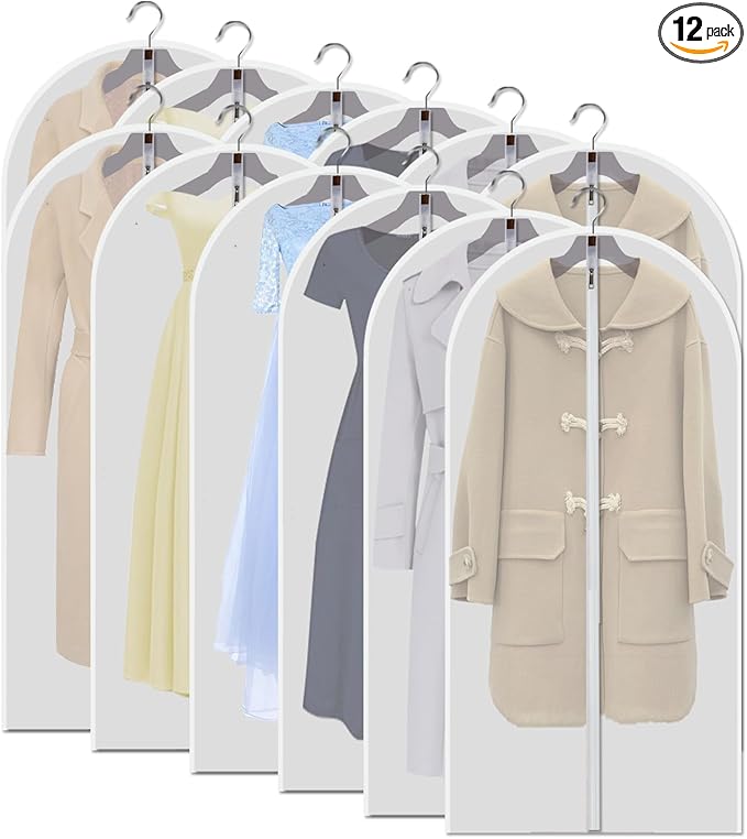 12-Pack Clear Garment Bags 48" - Dustproof Clothes Storage Covers with Full Zipper | Extra Long Hanging Organizers for Suits, Dresses, Seasonal Wardrobe & Travel Protection