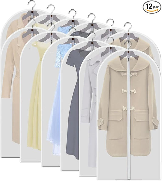 12-Pack Clear Garment Bags 48" - Dustproof Clothes Storage Covers with Full Zipper | Extra Long Hanging Organizers for Suits, Dresses, Seasonal Wardrobe & Travel Protection