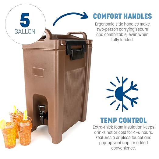 Carlisle FoodService Products 5-Gallon Insulated Beverage Dispenser, Cateraide, Food-Grade with Handles, Rugged PE Shell with PU Insulation for Coffee, Tea and Hot or Cold Drinks, Blue - Made in USA