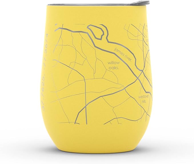 Well Told Engraved Richmond Virginia Map Insulated Wine Tumbler, Etched Stainless Steel Cup (12 oz, Sunrise Yellow) City Map Insulated Tumbler, Custom Insulated Tumbler, Outdoor Drinkware