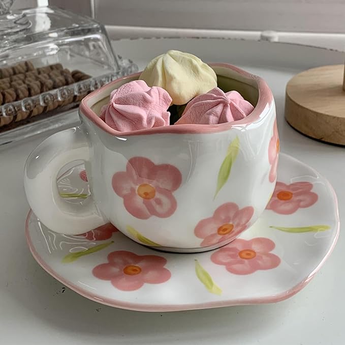 Coffee Mugs Set with Saucer Cute Flowers Cup Gifts for Women Birthday Tea Coffee Mug with Coaster 250 ML Ceramic Cup Birthday Gift for Women Girls Mom Friend Coffee Mug aucer Set