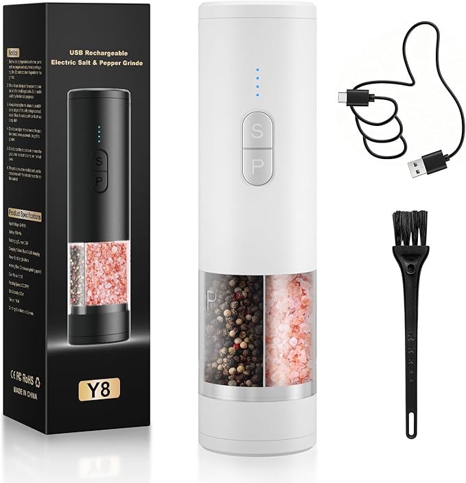 Electric Salt and Pepper Grinder Set Shakers 2 IN 1-Rechargeable Automatic Pepper Mill,with LED Lighting,Adjustable Grinder,Large Capacity-Ideal for Kitchen,BBQ,Ideal Kitchen Gifts (White)