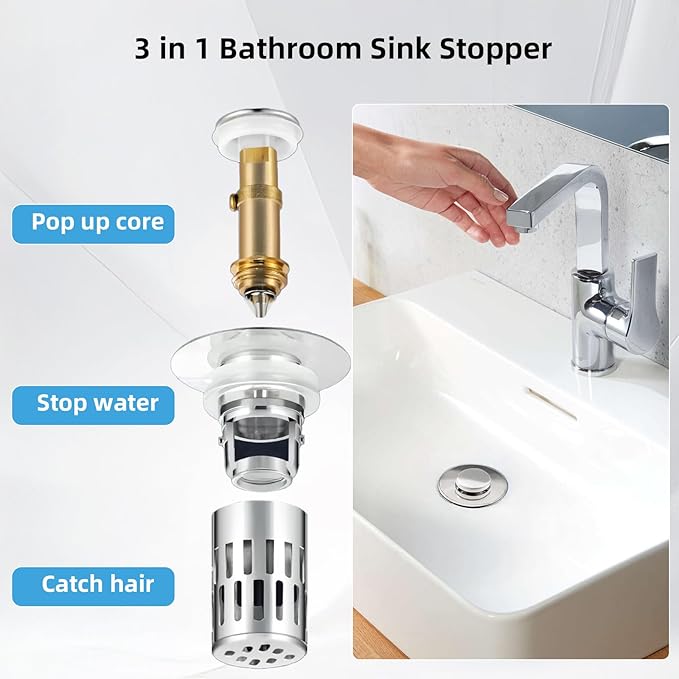 Bathroom Sink Drain Stopper, Universal Pop Up Drain for Bathroom Sink Replacement, Sink Drain Cover with Anti-Clogging Filter Basket Hair Catcher, Sink Drain Strainer for 1.1-1.45 Inch