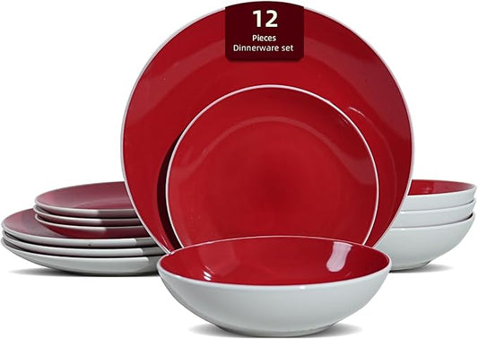 Stoneware Coupe Shape 12pc Dinnerware Set, Outside White + Inside Red