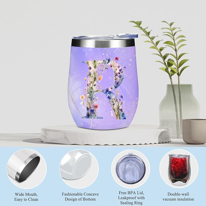Personalized Gifts Monogrammed Birthday Gifts for Women, Mommy, Female Going Away Farewell Christmas, Initial Wine Tumbler Makeup Bag Scented Candle Bracelet Set, (Aesthetic Purple Flower R)