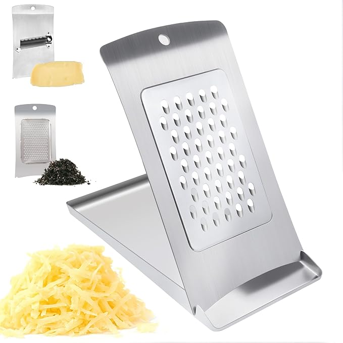 3-in-1 Handheld Cheese Grater Set for kitchen - Adjustable Slicer, Grater and Shredder with Tray - 430 Stainless Steel for Cheese, Butter, Vegetables, Chocolate, Dishwasher Safe