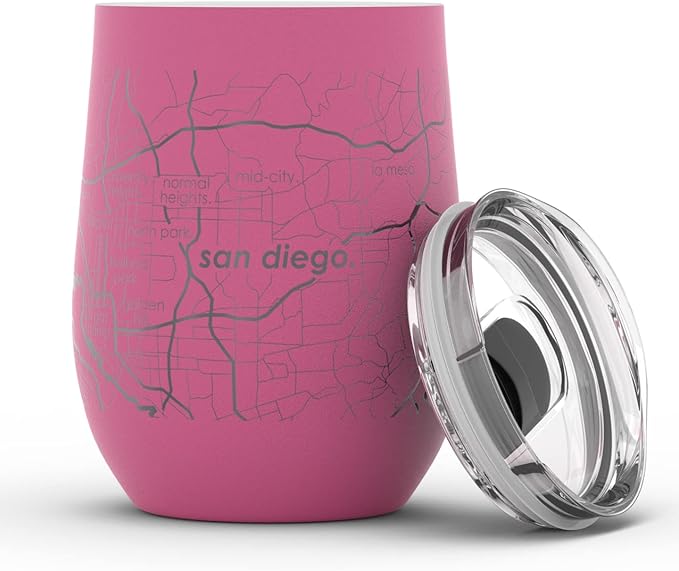 Well Told Engraved San Diego California Map Insulated Wine Tumbler, Etched Stainless Steel Cup (12 oz, Sunset Pink) City Map Insulated Tumbler, Custom Insulated Tumbler, Outdoor Drinkware