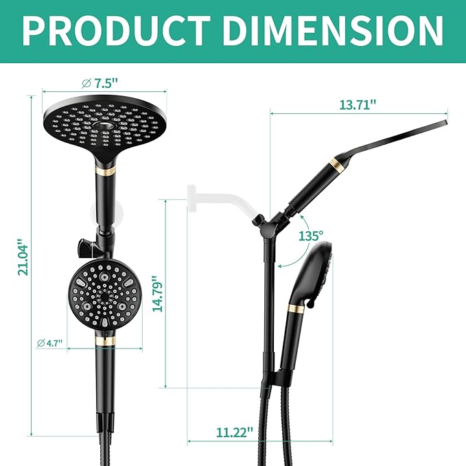 Filtered Rainfall Shower Head with Handheld Spray Combo, Dual Shower Head Combo High Pressure, Double Sprayer Filter Shower Head with Extra Long Hose & Adjustable Shower Arm (Black)