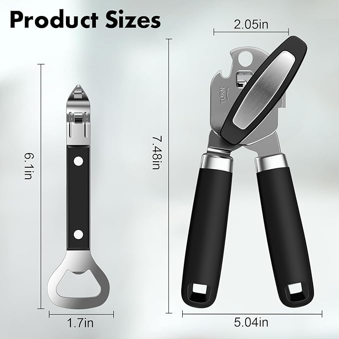 2PCS Can Opener Manual & Bottle Opener, Smooth Edge Manual Can Openers with Strong Magnet, Heavy Duty Stainless Steel Abrelatas Handheld Can Openers - Premium Kitchen Supplies (Black)