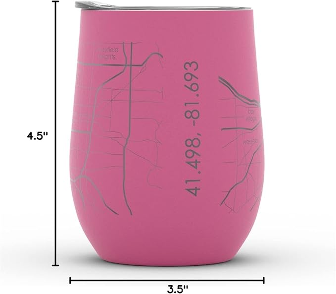 Well Told Engraved Cleveland Ohio Map Insulated Wine Tumbler, Etched Stainless Steel Cup (12 oz, Sunset Pink) City Map Insulated Tumbler, Custom Insulated Tumbler, Outdoor Drinkware