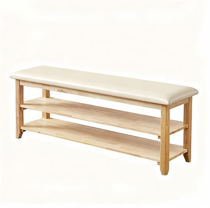 Shoe Bench Storage with Leather Cushion, Rustic Solid Wood Entryway Bench with 2 Height-Adjustable and Removable Shelves for Hallway, Living Room, Mudrooms (Natural Wood,47.2")