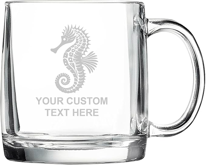 Seahorse, Personalized 12.5 oz Polar Camel Glass Coffee Desk Mug – Custom Laser Engraved Clear Cup for Tea, Espresso, Latte, Whiskey - Microwave Safe/Made in USA