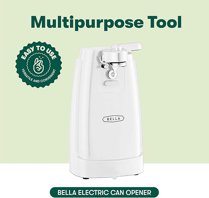 bella Electric Can Opener and Knife Sharpener, Removable Cutting Lever, Cord Storage, Stainless Steel Blade, White