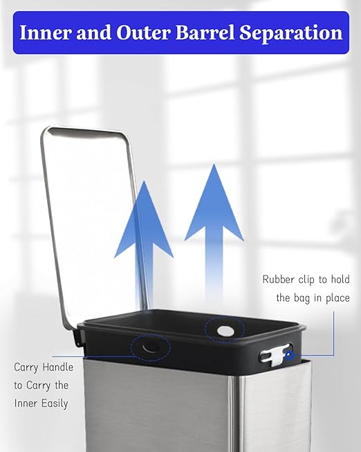 Large Bathroom Trash Can, 16.7L/ 4.4 Gallon Trash Can with Removable Wastebasket, Hand Free Garbage Can with Soft close Lid, Stainless Steel Skinny Trash Bin for Bedroom, Home Office, Silver