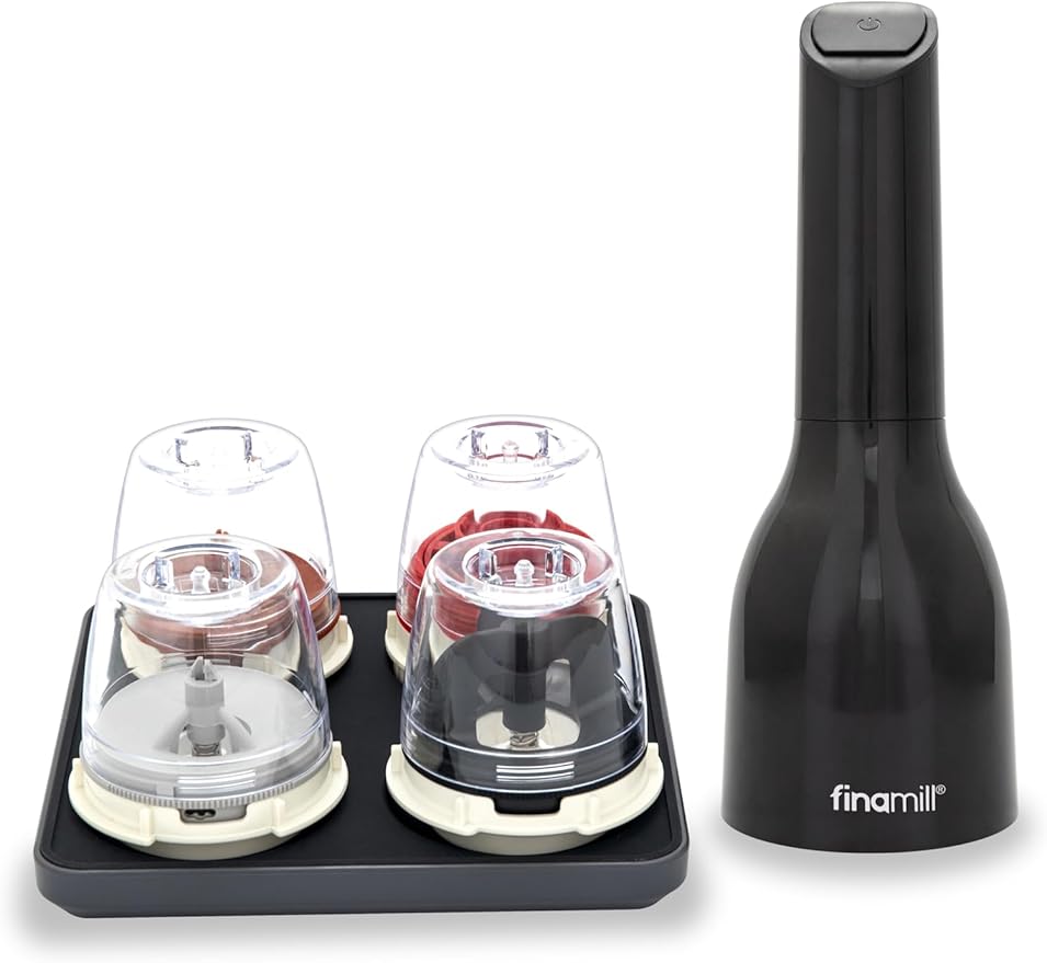 FinaMill Ultimate Gift Set – Battery Operated Spice Mill with 4 Interchangeable Spice Pods & Slate Quartet Stackable Tray, Adjustable Coarseness, Ceramic Grinder, LED Light, Easy One-Handed Operation