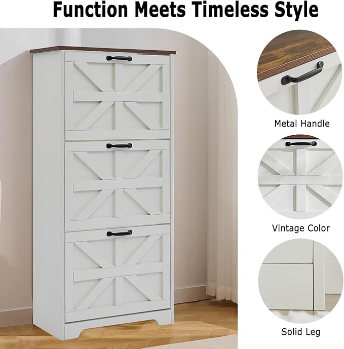 Shoe Storage Cabinet with Bench, Farmhouse Shoe Organizer with Barn Door Design, Space-Saving Hidden Narrow Shoe Rack Cabinet for Entryway, Hallway & Foyer，White