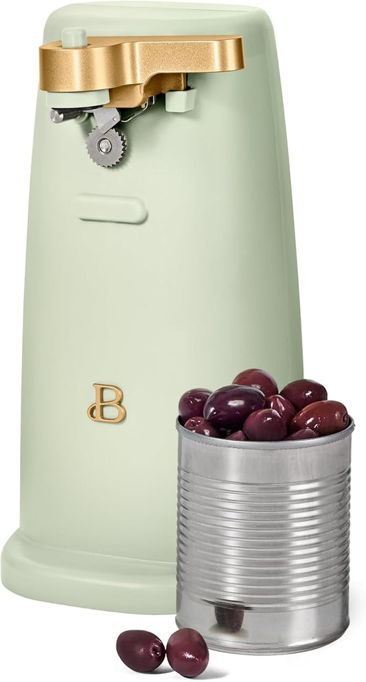 Beautiful Easy-Prep Electric Can Opener, Stainless Steel Blade, Built-in Knife Sharpener, Auto-Stop Safety, Cord Storage by Drew Barrymore (Sage green)