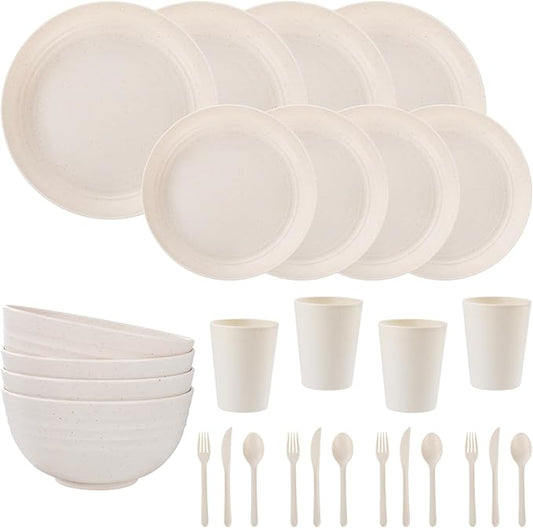 LIYH 28 Pcs Beige Wheat Straw Dinnerware Plates and Bowls Sets, Plastic Plates Reusable, Dinnerware Set for 4, Dish Set for Kitchen & Camping