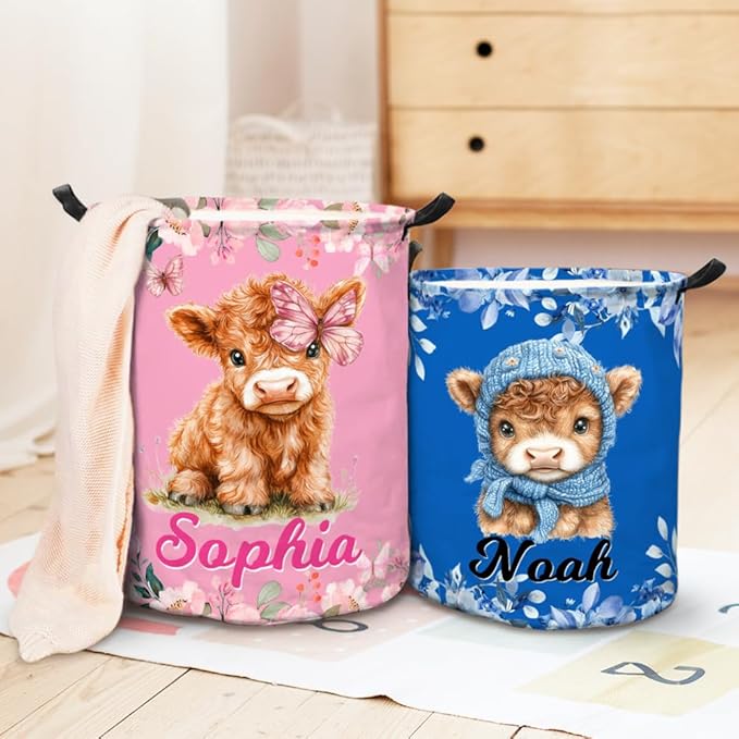 callie Personalized Highland Cow Laundry Basket for Kids Girls, Waterproof Collapsible Laundry Hamper, Clothes Toys Storage Bin for Bedroom (13.8" x 16.5", 15.7" x 19.6")