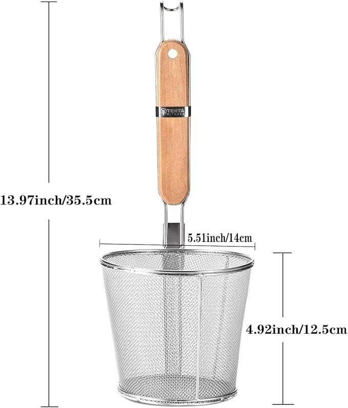 2 Pieces Pasta Strainer Basket Stainless Steel Fine mesh Pasta Strainer Basket with Wooden Handle Good For Boiling Food Spaghetti Dumpling (Dia 5.5inch/14cm)