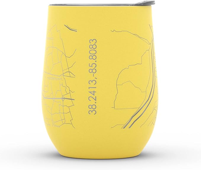 Well Told Engraved Louisville Kentucky Map Insulated Wine Tumbler, Etched Stainless Steel Cup (12 oz, Sunrise Yellow) City Map Insulated Tumbler, Custom Insulated Tumbler, Outdoor Drinkware