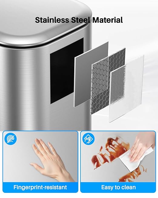 Lovewind Trash Can with Lid, 8 Gallon/30 L Footstep Garbage Can for Kitchen Bathroom Bedroom Home Office, 20 Liter Trash Bin Brushed Stainless Steel Waste Bin with Soft-Close Lid, Silver