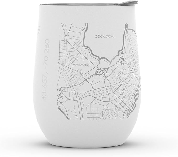 Well Told Engraved Portland Maine Map Insulated Wine Tumbler, Etched Stainless Steel Wine Tumbler (12 oz, White) City Map Insulated Tumbler, Custom Insulated Tumbler, Outdoor Drinkware