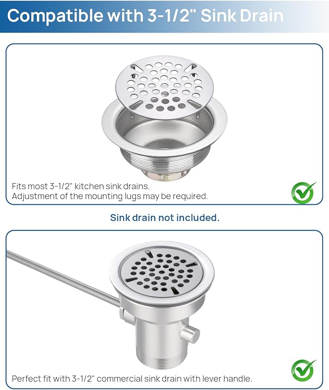 3-1/2" Commercial Sink Drain Strainer Replacement, Waste Drain Cover Screen, Flat Strainer Only for Commercial Sink Drain with Lever Handle, Stainless Steel (NOT Universal)