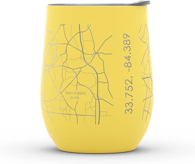 Well Told Engraved Atlanta Georgia Map Insulated Wine Tumbler, Etched Stainless Steel Cup (12 oz, Sunrise Yellow) City Map Insulated Tumbler, Custom Insulated Tumbler, Outdoor Drinkware