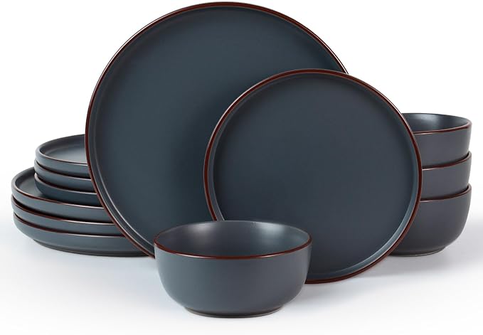 Famiware Mercury Plates and Bowls Sets, 12 Pieces Stoneware Dinnerware Sets, Dishes Set for 4, Microwave and Dishwasher Safe, Charcoal