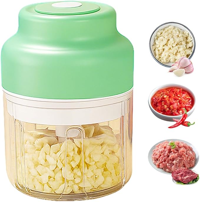 Electric Garlic Chopper with USB Rechargeable Design, Portable Food Processor for Garlic, Onion, Chili, Nuts, Vegetables, One-Touch Mini Kitchen Helper (Green, 320ml)