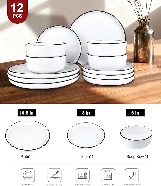 Stoneware Dinnerware Sets,Plates and Bowls Sets for 4,12 Piece Dinnerware Set,White Dinnerware Set for Kitchen,Microwave and Dishwasher Safe
