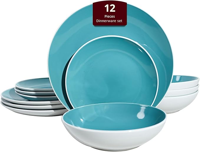 Stoneware Coupe Shape 12pc Dinnerware Set, Outside White + Inside, Tiffany Blue