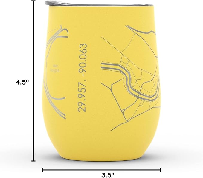 Well Told Engraved New Orleans LA Map Insulated Wine Tumbler, Etched Stainless Steel Cup (12 oz, Sunrise Yellow) City Map Insulated Tumbler, Custom Insulated Tumbler, Outdoor Drinkware