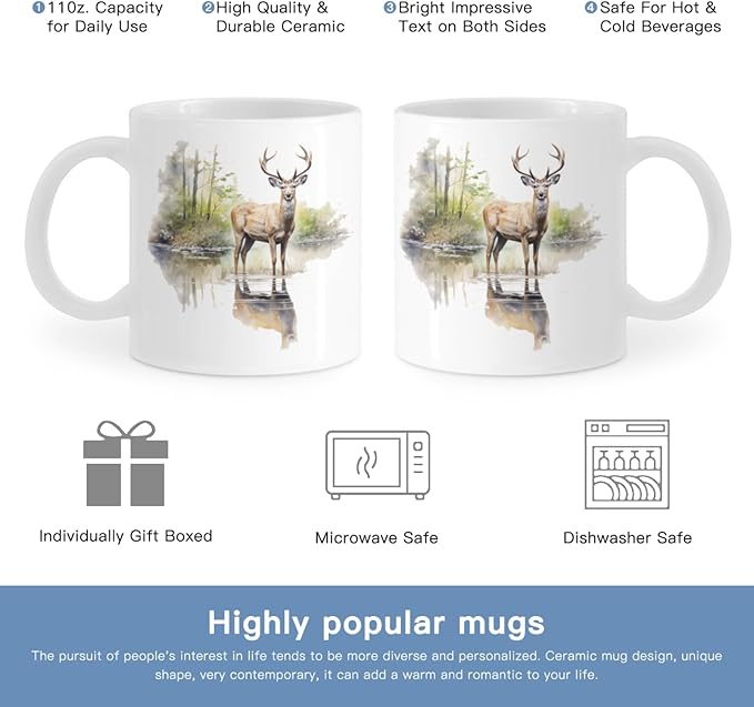 Coffee Mugs Deer Pattern Ceramic Latte Mug with Handle 11 OZ for Men Women for Latte Cappuccino Cocoa Milk Dishwasher & Microwave Safe