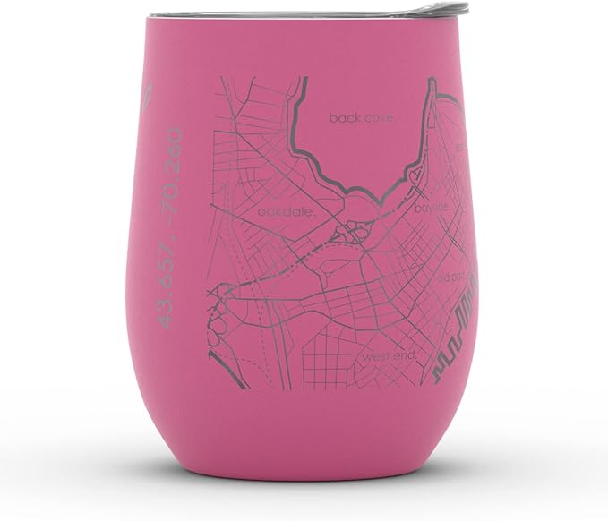 Well Told Engraved Portland Maine Map Insulated Wine Tumbler, Etched Stainless Steel Cup (12 oz, Sunset Pink) City Map Insulated Tumbler, Custom Insulated Tumbler, Outdoor Drinkware