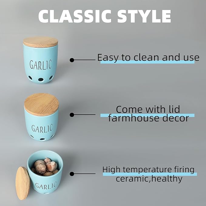 Ceramic Garlic Keeper for Counter, Garlic Saver Container with Wood Lid, Garlic Keeper for Kitchen, Garlic Holder to Keep Your Garlic Cloves Fresh Longer (Turquoise)